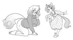 Size: 1945x1068 | Tagged: anthro, artist:stardrawsponies, bunny slippers, clothes, derpibooru import, diamond dog, doll, dress, female, female diamond dog, freckles, glasses, mare, monochrome, nightgown, oc, oc:chalk, oc:neko heart, plush bunny, plushie, safe, signature, simple background, slippers, sweater, toy, unofficial characters only, white background