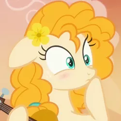 Size: 482x482 | Tagged: safe, derpibooru import, screencap, pear butter, earth pony, pony, the perfect pear, blushing, cropped, cute, female, floppy ears, flower, flower in hair, guitar, mare, pearabetes, raised hoof, solo