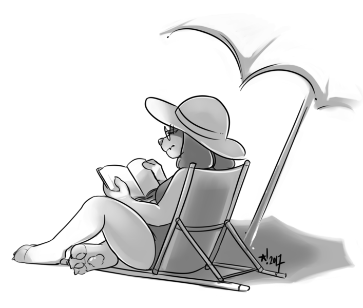 Size: 1729x1468 | Tagged: anthro, artist:stardrawsponies, beach, beach chair, book, clothes, derpibooru import, diamond dog, digitigrade anthro, female, female diamond dog, freckles, glasses, hat, monochrome, nightgown, oc, oc:chalk, safe, signature, simple background, sun hat, swimsuit, umbrella, unofficial characters only, white background