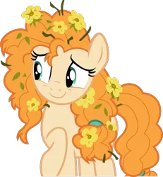 Size: 1000x1082 | Tagged: safe, artist:charity-rose, derpibooru import, pear butter, earth pony, pony, the perfect pear, cute, female, flower, flower in hair, messy mane, pearabetes, raised hoof, simple background, smiling, solo, transparent background, vector