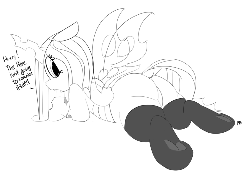 Size: 6000x4353 | Tagged: 30 minute art challenge, absurd resolution, artist:pabbley, bugbutt, changeling, changeling queen, clothes, derpibooru import, dock, featureless crotch, female, former queen chrysalis, frog (hoof), hoofbutt, lineart, looking back, monochrome, plot, presenting, queen chrysalis, simple background, socks, solo, solo female, speech, suggestive, thigh highs, underhoof, white background