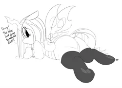 Size: 6000x4353 | Tagged: 30 minute art challenge, absurd resolution, artist:pabbley, bugbutt, changeling, changeling queen, clothes, derpibooru import, dock, featureless crotch, female, former queen chrysalis, frog (hoof), hoofbutt, lineart, looking back, monochrome, plot, presenting, queen chrysalis, simple background, socks, solo, solo female, speech, suggestive, thigh highs, underhoof, white background