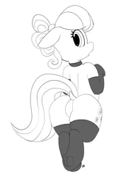 Size: 9857x12450 | Tagged: suggestive, artist:pabbley, derpibooru import, suri polomare, earth pony, pony, 30 minute art challenge, absurd resolution, clothes, collar, dock, featureless crotch, female, frog (hoof), hoofbutt, lineart, looking back, monochrome, open mouth, plot, simple background, socks, solo, solo female, stockings, thigh highs, tongue out, underhoof, white background