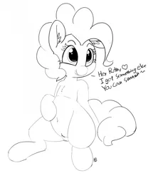 Size: 1280x1487 | Tagged: suggestive, artist:pabbley, derpibooru import, pinkie pie, pony, belly button, black and white, dialogue, female, grayscale, implied prince rutherford, lemme smash, monochrome, pinkieford, pubic fluff, shipping, simple background, sitting, smiling, solo, solo female, white background