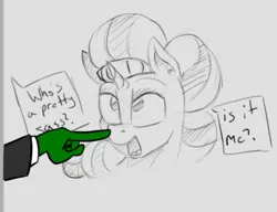 Size: 1050x808 | Tagged: safe, artist:anontheanon, artist:post-it, derpibooru import, saffron masala, oc, oc:anon, pony, unicorn, boop, dialogue, gray background, offscreen character, open mouth, partial color, simple background, sketch, who's a good pony