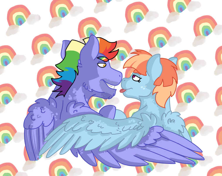 Size: 2078x1648 | Tagged: safe, artist:didicom, derpibooru import, bow hothoof, windy whistles, pony, abstract background, female, grin, hug, husband and wife, lidded eyes, looking at each other, male, rainbow dash's parents, smiling, tongue out, windyhoof, winghug