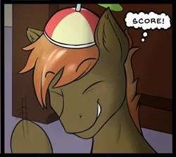 Size: 583x519 | Tagged: safe, artist:dark candle, derpibooru import, button mash, pony, comic:game over, beanie, blushing, comic, cropcon, cropped, explicit source, hat