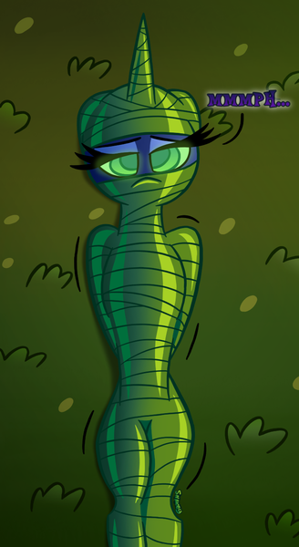 Size: 710x1300 | Tagged: suggestive, artist:snakeythingy, derpibooru import, princess luna, pony, bondage, changeling feeding, cocoon, gift art, implied chrysalis, mind control, muffled moaning, mummification, mummified, story included, wrapping