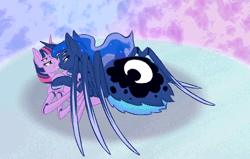 Size: 858x544 | Tagged: animated, artist:couchcrusader, artist:equum_amici, bedroom eyes, blushing, boop, cinemagraph, derpibooru import, female, fluffy, gif, grin, lesbian, looking at each other, monster pony, on back, original species, princess luna, shipping, smiling, snuggling, species swap, spider, spiderluna (species swap), spiderpony, suggestive, twilight sparkle, twiluna, twispider