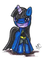 Size: 256x344 | Tagged: safe, artist:altworld, derpibooru import, ponified, pony, unicorn, batman, cape, clothes, costume, cute, dc comics, female, mare, mask, simple background, smiling, traditional art, white background