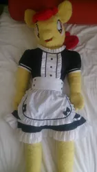 Size: 2204x3920 | Tagged: anthro, anthro plushie, apple bloom, artist:liggliluff, artist:redness, bed, clothes, derpibooru import, irl, maid, photo, plushie, safe, solo