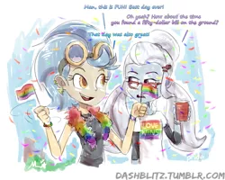 Size: 811x650 | Tagged: safe, artist:manic-the-lad, derpibooru import, indigo zap, sugarcoat, equestria girls, a dash of everything, cup, duo, ear piercing, earring, female, flag, gay pride, gay pride flag, glasses, goggles, jewelry, lovewins, open mouth, piercing, pride, pride flag, pride month, rainbows, sketch, smiling