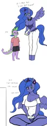 Size: 600x1617 | Tagged: alicorn, anthro, artist:franschesco, bags under eyes, breasts, busty princess luna, call of duty, cleavage, clothes, comic, derpibooru import, dialogue, dragon, duo, female, gamer luna, male, mare, princess luna, shipping, simple background, smiling, spike, spiluna, straight, suggestive, unguligrade anthro, white background