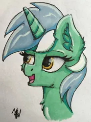 Size: 2515x3386 | Tagged: safe, artist:nighty, derpibooru import, lyra heartstrings, pony, unicorn, bust, ear fluff, female, mare, open mouth, portrait, smiling, solo, traditional art