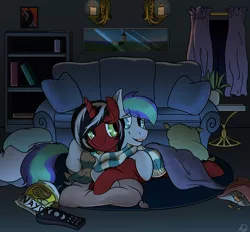 Size: 6989x6473 | Tagged: safe, artist:roy, derpibooru import, oc, oc:phantom, oc:storm feather, unofficial characters only, pony, absurd resolution, blanket, clothes, couch, cuddling, gay, indoors, living room, male, pillow, red and black oc, scarf, shared clothing, shared scarf, stallion, watching tv, window