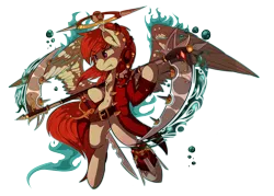 Size: 3740x2672 | Tagged: safe, artist:beardie, derpibooru import, oc, oc:rosa lanzar, unofficial characters only, pegasus, pony, belt, brave frontier, clothes, floating, jacket, knife, race swap, scythe, simple background, sword, transparent background, weapon