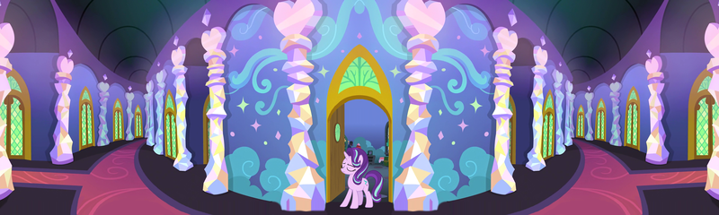 Size: 3840x1151 | Tagged: safe, derpibooru import, edit, edited screencap, screencap, starlight glimmer, pony, unicorn, celestial advice, the crystalling, arch, carpet, clothes, cloud, crossroads, crystal, door, doorway, female, hallway, heart, lamp, mare, mural, offscreen character, panorama, pillar, reversed, solo, starlight's room, stars, twilight's castle, window