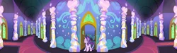 Size: 3840x1151 | Tagged: safe, derpibooru import, edit, edited screencap, screencap, starlight glimmer, pony, unicorn, celestial advice, the crystalling, arch, carpet, clothes, cloud, crossroads, crystal, door, doorway, female, hallway, heart, lamp, mare, mural, offscreen character, panorama, pillar, reversed, solo, starlight's room, stars, twilight's castle, window