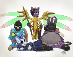 Size: 1629x1280 | Tagged: safe, artist:northernsprint, derpibooru import, oc, oc:cardinal, oc:keychains, oc:rivibaes, oc:solo jazz, unofficial characters only, pony, clothes, cosplay, costume, crossover, junkrat, mercy, overwatch, pharah, roadhog (overwatch), solo jazz