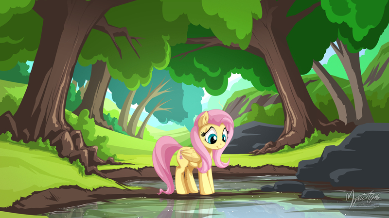 Size: 1920x1080 | Tagged: safe, artist:mysticalpha, derpibooru import, fluttershy, pony, forest, pond, reflection, solo, tree