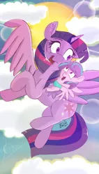 Size: 2900x5100 | Tagged: safe, artist:bow2yourwaifu, derpibooru import, princess flurry heart, twilight sparkle, twilight sparkle (alicorn), alicorn, pony, a flurry of emotions, absurd resolution, aunt, aunt and niece, best aunt ever, cloud, cloudy, ear fluff, female, flying, happy, mare, open mouth, ponies riding ponies, sky, sun, twilight is bae