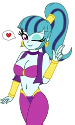 Size: 800x1328 | Tagged: suggestive, artist:cbear624, derpibooru import, sonata dusk, genie, equestria girls, belly button, belly dancer, big breasts, breasts, busty sonata dusk, clothes, cosplay, costume, crossover, female, heart, midriff, one eye closed, shantae, simple background, smiling, solo, solo female, transparent background, wink