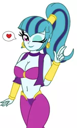 Size: 1116x1852 | Tagged: suggestive, artist:cbear624, derpibooru import, sonata dusk, genie, equestria girls, rainbow rocks, bandeau, belly button, belly dancer, big breasts, breasts, busty sonata dusk, clothes, cosplay, costume, female, heart, looking at you, midriff, requested art, shantae, simple background, smiling, solo, solo female, white background