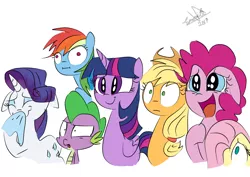 Size: 1414x1000 | Tagged: safe, artist:emositecc, derpibooru import, applejack, fluttershy, pinkie pie, rainbow dash, rarity, spike, twilight sparkle, twilight sparkle (alicorn), alicorn, dragon, earth pony, pegasus, pony, unicorn, :i, expressions, eyes closed, female, floppy ears, handkerchief, happy, male, mane seven, mane six, mare, nose blowing, reactions, simple background, smiling, tissue, varying degrees of want, wat, white background