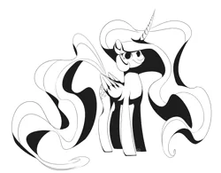 Size: 3314x2582 | Tagged: safe, artist:ogaraorcynder, derpibooru import, princess celestia, alicorn, pony, curved horn, female, mare, missing accessory, monochrome, simple background, smiling, solo, white background