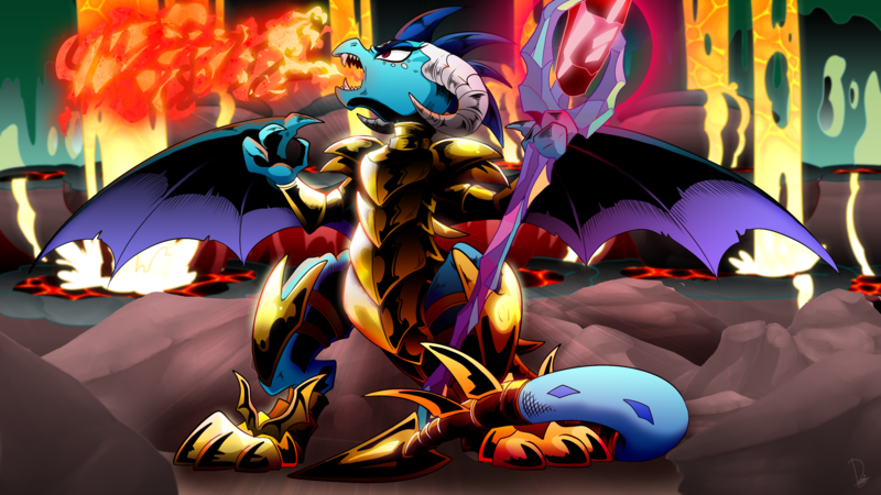 Size: 2560x1440 | Tagged: safe, artist:dormin-kanna, derpibooru import, princess ember, dragon, gauntlet of fire, armor, bloodstone scepter, dragoness, dragon lord ember, fangs, female, fire, solo, spread wings, wings