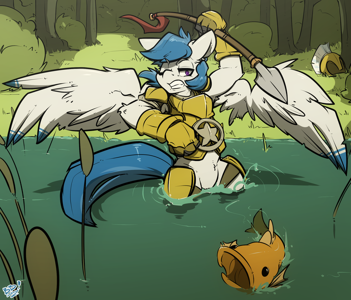 Size: 2327x1986 | Tagged: armor, armpits, artist:bbsartboutique, badge, bush, derpibooru import, fish, fishing, forest, gauntlet, helmet, hippogriff, male, oc, oc:delta dart, one eye closed, royal guard, royal guard armor, safe, solo, spear, spread wings, talons, tree, unofficial characters only, water, weapon, wings