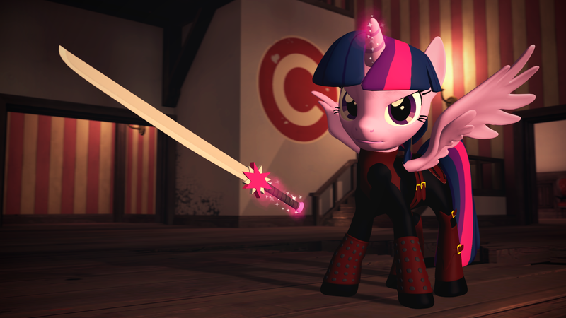 Size: 1920x1080 | Tagged: safe, artist:razethebeast, derpibooru import, twilight sparkle, twilight sparkle (alicorn), alicorn, pony, 3d, clothes, female, looking at you, magic, mare, serious, serious face, solo, source filmmaker, spread wings, sword, sword of magic, weapon, wings