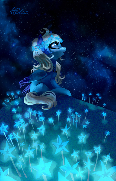 Size: 1516x2362 | Tagged: safe, artist:holivi, derpibooru import, oc, unofficial characters only, pegasus, pony, commission, cute, female, floral head wreath, flower, hill, looking up, mare, night, night sky, sky, solo, stargazing, starry night, stars