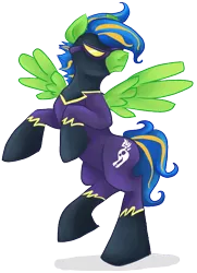 Size: 504x697 | Tagged: safe, artist:chromaflow, derpibooru import, oc, oc:chroma flow, unofficial characters only, pegasus, pony, clothes, costume, male, rearing, shadowbolts costume, simple background, solo, stallion, standing, standing on one leg, transparent background