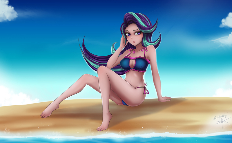 Size: 2000x1233 | Tagged: artist:silver-wingx, barefoot, beach, belly button, bikini, breasts, clothes, cloud, derpibooru import, erect nipples, feet, female, human, humanized, nail polish, nipple outline, questionable, sky, solo, solo female, starlight glimmer, swimsuit, water