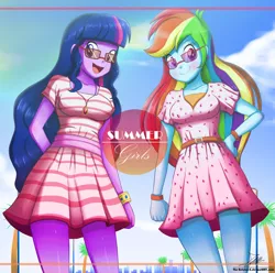 Size: 1304x1296 | Tagged: safe, artist:the-butch-x, derpibooru import, rainbow dash, sci-twi, twilight sparkle, equestria girls, breasts, clothes, cloud, commission, dress, duo, ear piercing, earring, jewelry, multicolored hair, piercing, rainbow dash always dresses in style, sky, smiling, summer dress, sunglasses