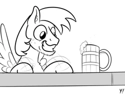 Size: 2000x1500 | Tagged: safe, artist:yakoshi, derpibooru import, oc, oc:ginger ale, unofficial characters only, pegasus, pony, cider, facial hair, grin, monochrome, smiling, solo