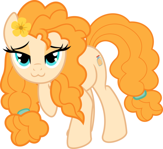 Size: 4995x4562 | Tagged: safe, artist:salemcat, derpibooru import, pear butter, earth pony, pony, the perfect pear, :3, absurd resolution, bedroom eyes, catface, cute, female, flower, flower in hair, lidded eyes, looking at you, mare, pearabetes, raised hoof, simple background, solo, transparent background