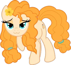Size: 4995x4562 | Tagged: safe, artist:salemcat, derpibooru import, pear butter, earth pony, pony, the perfect pear, :3, absurd resolution, bedroom eyes, catface, cute, female, flower, flower in hair, lidded eyes, looking at you, mare, pearabetes, raised hoof, simple background, solo, transparent background