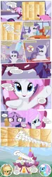 Size: 3300x11124 | Tagged: safe, artist:perfectblue97, derpibooru import, applejack, lotus blossom, rarity, twilight sparkle, earth pony, pony, unicorn, comic:without magic, absurd resolution, apple, apple tree, blank flank, carousel boutique, comic, earth pony twilight, fabric, female, food, implied brazilian, mare, pointy ponies, royal guard, sewing machine, spa, thread, towel, tree, waxing