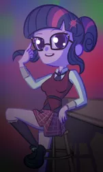 Size: 512x850 | Tagged: safe, artist:rockset, derpibooru import, sci-twi, twilight sparkle, equestria girls, clothes, cute, glasses, hair bun, moe, open mouth, pleated skirt, shoes, skirt, skirt lift, socks, solo