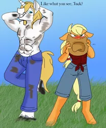 Size: 750x900 | Tagged: anthro, applejack, arm behind head, artist:zee-stitch, bluejack, blushing, clothes, derpibooru import, dirty, female, floppy ears, grin, hat, jeans, male, pants, partial nudity, prince blueblood, safe, shipping, shirt, smiling, straight, topless, unamused, unguligrade anthro, unshorn fetlocks