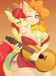 Size: 822x1122 | Tagged: suggestive, artist:lil miss jay, derpibooru import, bright mac, pear butter, anthro, earth pony, full service playing cards, the perfect pear, adorasexy, boob freckles, bouquet, breasts, brightbutter, busty pear butter, cute, dilf, female, flower, flower in hair, freckles, husband and wife, looking back, male, milf, scene interpretation, sexy, shipping, smiling, straight