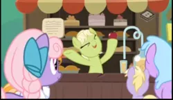 Size: 993x570 | Tagged: safe, derpibooru import, screencap, chelsea porcelain, dinky hooves, granny smith, unnamed pony, vibrant melody, earth pony, pony, the perfect pear, adorasmith, background pony, boomerang (tv channel), cute, female, filly, happy, hooves up, mare, young granny smith
