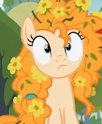 Size: 371x451 | Tagged: safe, derpibooru import, screencap, pear butter, pony, the perfect pear, cropped, cross-eyed, cute, flower, flower in hair, pearabetes, solo, surprised, wide eyes