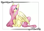 Size: 1400x1000 | Tagged: safe, artist:alphaaquilae, derpibooru import, fluttershy, pegasus, pony, female, hair over one eye, long mane, looking away, looking sideways, mare, simple background, sitting, solo