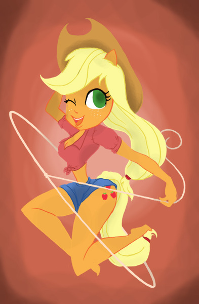 Size: 500x764 | Tagged: applejack, artist:white-king2332, breasts, clothes, daisy dukes, derpibooru import, eared humanization, female, human, humanized, lasso, looking at you, one eye closed, pony coloring, rope, shorts, solo, solo female, suggestive, tailed humanization, wink