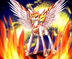 Size: 5560x4540 | Tagged: safe, artist:lumip0ny, derpibooru import, daybreaker, pony, a royal problem, absurd resolution, chest fluff, fire, huge ears, mane of fire, smiling, solo, spread wings, wings