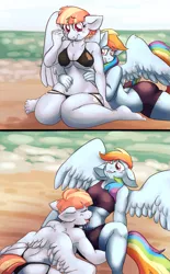 Size: 745x1200 | Tagged: suggestive, artist:cottoncloudy, derpibooru import, rainbow dash, windy whistles, anthro, pegasus, plantigrade anthro, backbend, beach, belly button, belly button licking, bikini, breasts, busty windy whistles, clothes, drool, drool string, female, fetish, floppy ears, incest, infidelity, lesbian, licking, like mother like daughter, milf, mother and daughter, navel fetish, navel play, partial nudity, raincest, sand, shipping, sports bra, sports shorts, swimsuit, tickling, tongue out, topless, tummylingus, windydash