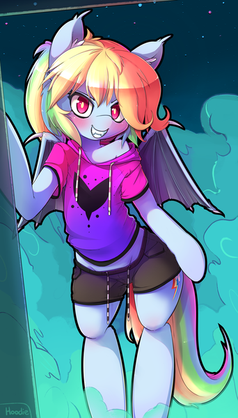 Size: 1900x3333 | Tagged: safe, artist:apony, derpibooru import, rainbow dash, bat pony, pony, semi-anthro, bat ponified, bipedal, blushing, clothes, cloud, fangs, female, hoodie, leaning, looking at you, mare, night, off shoulder, race swap, shorts, solo, wide hips